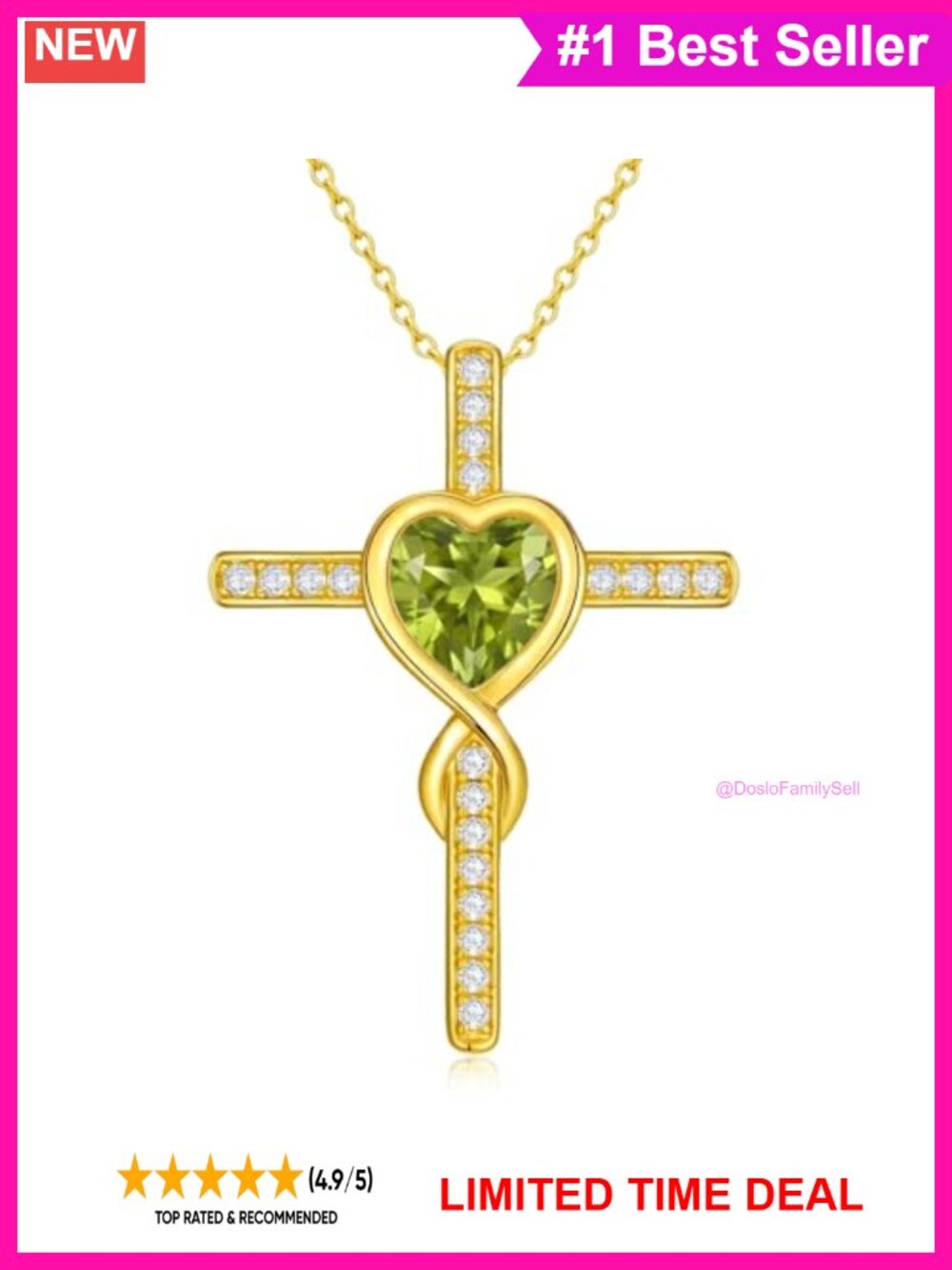 14K Gold Plated Cross Necklace Peridot Birthstone Pendant